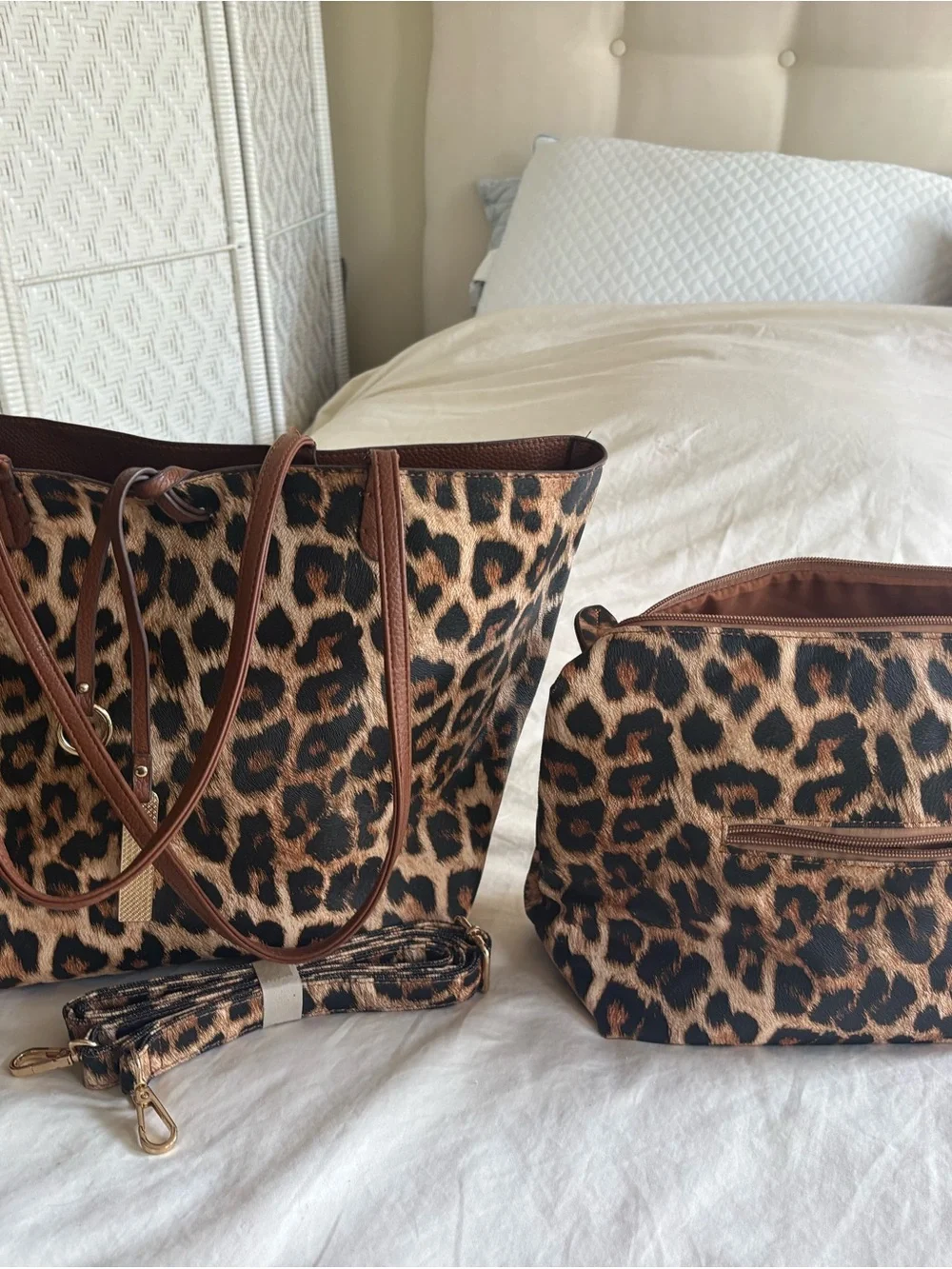 Leopard Print Tote and new Pouch Set - includes long strap